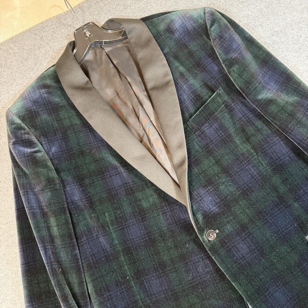 Brooks Brothers Suit Jacket Mens 46R Green Plaid Velvet Tuxedo Shawl Lapel